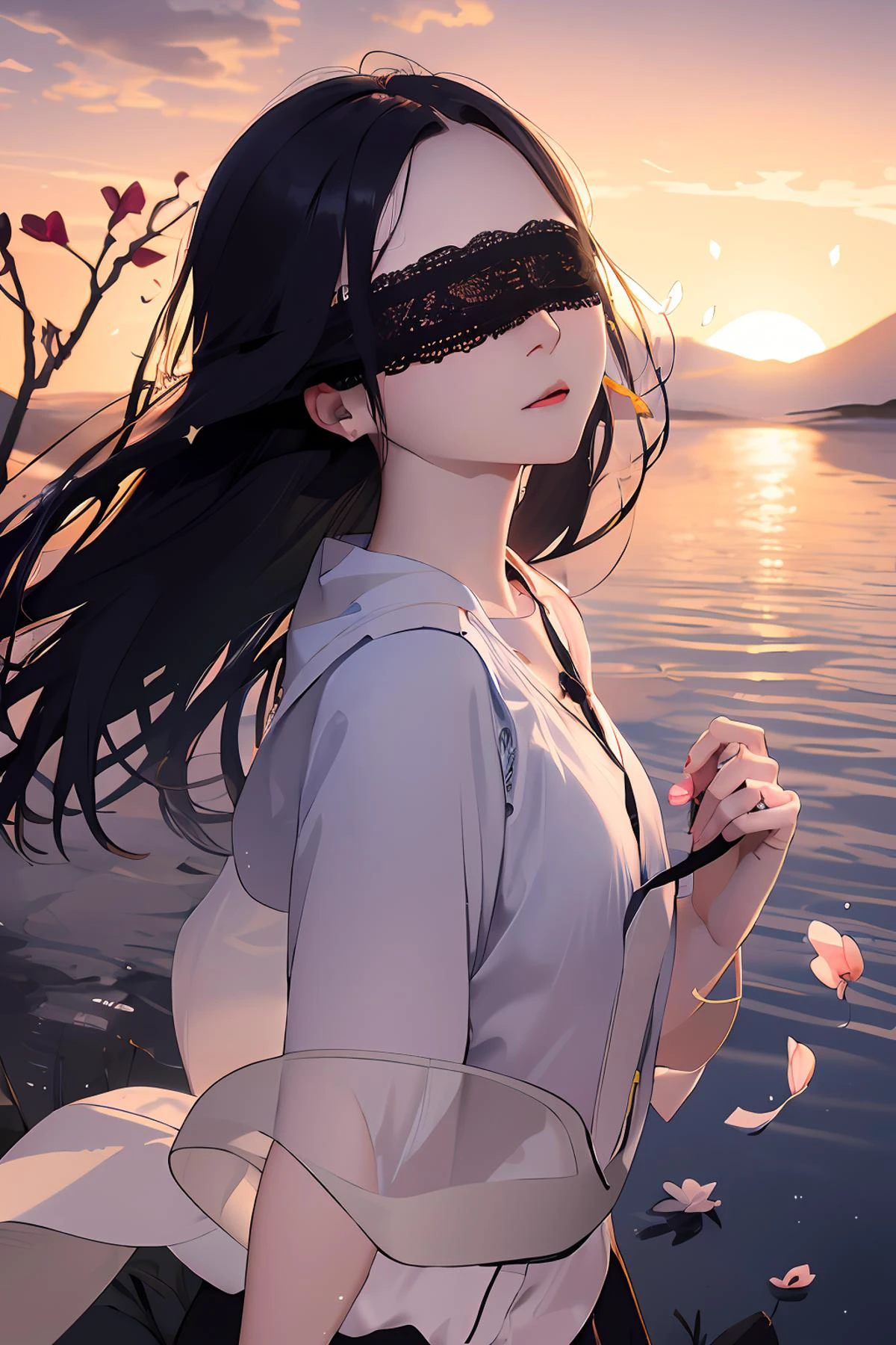 masterpiece,high quality,1girl,solo,long hair,black hair,(blindfold:1.1),jewelry,earrings,ray tracing,<lora:lbc_black_shaqun:0.8>,((breeze)),flying splashes,flying petals,wind,(water bloom),(delicate glow),
BREAK
(breeze),long Flowers meadow,((sunset)),(less stars form a circle),randomly distributed clouds,(rivers),(willows with branches falling into the water),