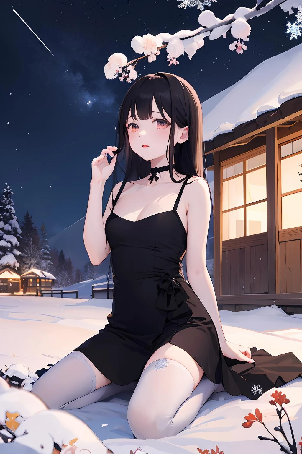 1girl,solo,long hair,black hair,thighhighs,dress,bare shoulders,choker,black thighhighs,black dress,arm up,kneeling,sleeveless dress,<lora:lbc_black_shaqun:0.5>,
BREAK
beautiful detailed sky, night, stars, (red plum blossom),((winter)),(((snowflakes))), ((red and white flowers))ï¼(starry sky),(sitting),((colorful)),scenery, lantern,(starfall),