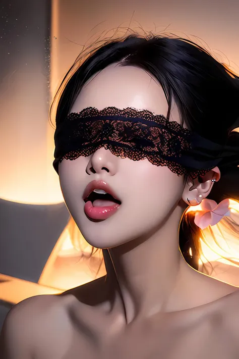 masterpiece,high quality,1girl,solo,long hair,black hair,jewelry,earrings,parted lips,lips,blindfold,((saliva)),licking lips,tongue,ray tracing,<lora:lbc_black_shaqun:0.8>,((breeze)), flying splashes, flying petals, wind,