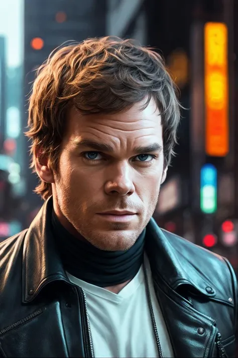 photo of (MCHasDex:0.99), a man as a cyberpunk character, (walking down a street), (futuristic city), modelshoot style, (extremely detailed CG unity 8k wallpaper), photo of the most beautiful artwork in the world, professional majestic oil painting by Ed Blinkey, Atey Ghailan, Studio Ghibli, by Jeremy Mann, Greg Manchess, Antonio Moro, trending on ArtStation, trending on CGSociety, Intricate, High Detail, Sharp focus, dramatic, photorealistic painting art by midjourney and greg rutkowski, (looking at viewer), (detailed pupils:1.3), closeup