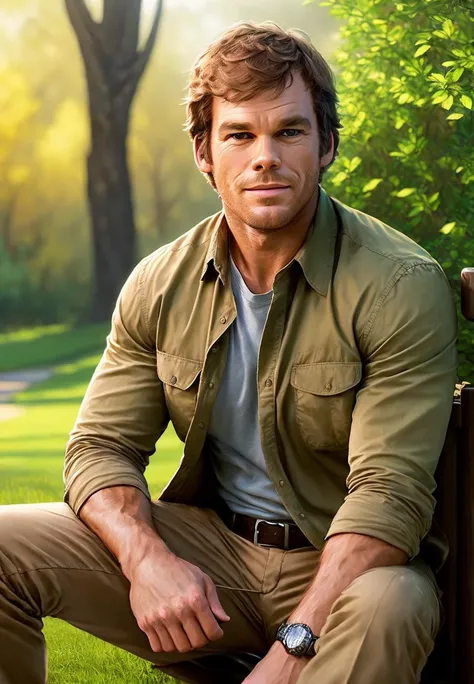 (Ultrarealistic:1.3),(Peaceful:1.3) Masterpiece, highest quality, (ultra realistic:1.3) photo of (MCHasDex) sitting in a beautiful park during a nice summer day with trees and plants in the background, a small nice creek runs through the park, looking at the camera ((smiling)), ((wearing a dark brown long_sleeve cotton shirt, and wearing beige colored khaki pants)), (volumetric lighting), ((waist up photo)), ((closeup)), (professional photography),(by Artist John Howe:1.1),(by Artist RHADS:1),(by Artist Peter Mohrbacher:1.3),(Photorealism:1.2),(New Wave Art:1.1),(Realism:1.3),(Fujifilm Superia:1.3)