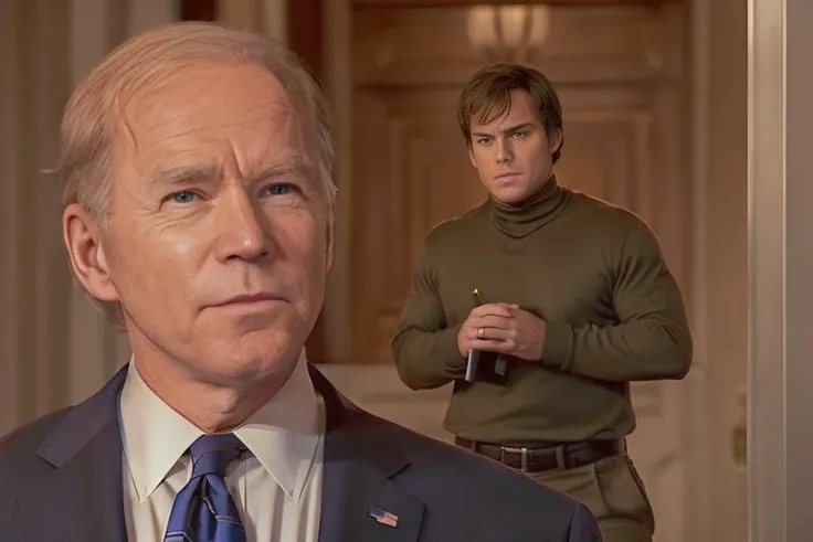 ((2 different people)), Masterpiece, (ultra realistic:1.3) (photo of politician President Joe Biden (wearing a nice suit)) giving a speech.
AND A man is sneaking up behind him, (MCHasDex) is ((wearing a dark brown turtleneck shirt and wearing khaki pants)) ((holding a small hyperdermic needle in his hand)), ((imminent violence)), assassin, dramatic, perfect lighting, cinematic photo,