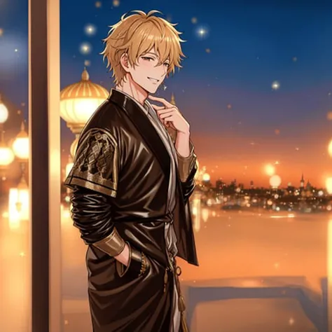 4K, Masterpiece, highres, absurdres,<lora:Bishounen:0.7>, bishounen, attractive man, cute man, blonde hair, smiling confidently, wearing a leather jacket, caftan, wearing a morrocan_caftan, Baghdad VIII century background, face ultra focus,<lora:Moroccan_Caftan:0.5>