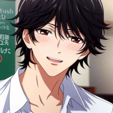4K, Masterpiece, highres, absurdres,<lora:Bishounen:0.7>, bishounen, attractive man, black hair, laughing, front view, wearing a shirt, blushing, caf background