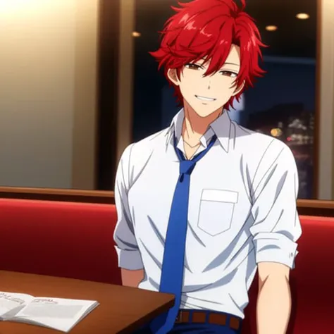 4K, Masterpiece, highres, absurdres,<lora:Bishounen:0.7>, bishounen, attractive man, red hair, white shirt, blue tie, standing, sitting in a restaurant, smiling seductively looking at the viewer