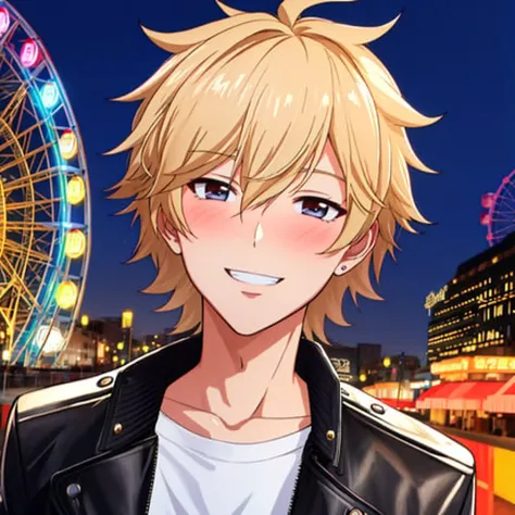 4K, Masterpiece, highres, absurdres,<lora:Bishounen:0.7>, bishounen, attractive man, cute man, blonde hair, smiling confidently, front view, wearing a leather jacket, grinning, ferris wheel background, face ultra focus, eyes brimming with confidence, blushing