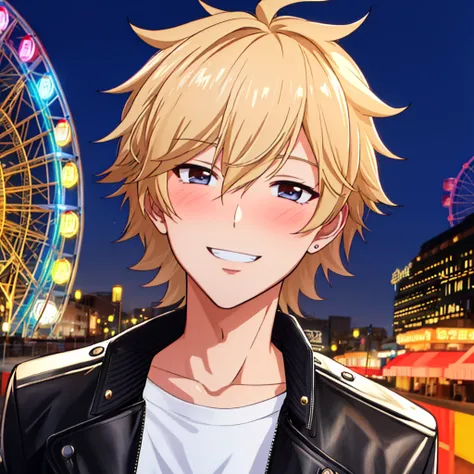 4K, Masterpiece, highres, absurdres,<lora:Bishounen:0.7>, bishounen, attractive man, cute man, blonde hair, smiling confidently, front view, wearing a leather jacket, grinning, ferris wheel background, face ultra focus, eyes brimming with confidence, blushing