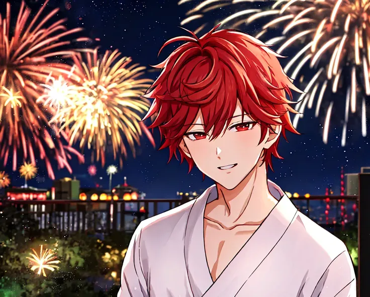 4K, Masterpiece, highres, absurdres,<lora:Bishounen:0.7>, bishounen, attractive man, red hair, male yukata, standing, looking at the viewer seductively, taken from a sony camera, face ultra focus, fireworks in the background