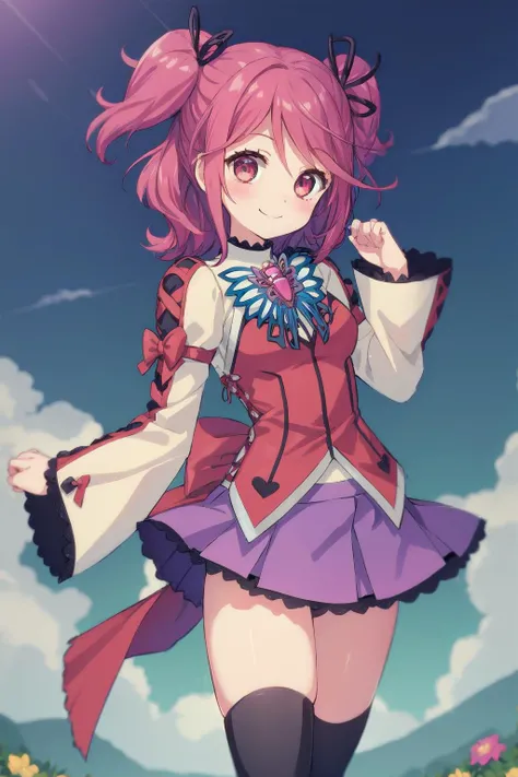 masterpiece, high quality, 1girl, solo, cheria barnes, butterfly brooch, ribbon, bow, skirt, back bow, shirt, long sleeves, thighhighs, outdoors, smile, <lora:cheria_barnes:0.8> <lyco:GoodHands-beta2:1.0>