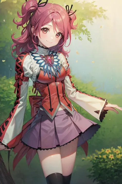 masterpiece, high quality, 1girl, solo, cheria barnes, butterfly brooch, ribbon, bow, skirt, back bow, shirt, long sleeves, thighhighs, outdoors, smile, <lora:cheria_barnes:0.9> <lyco:GoodHands-beta2:1.0>