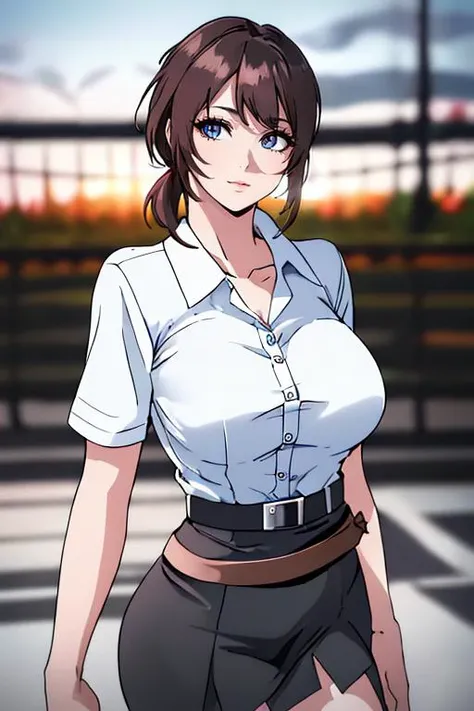 masterpiece, best quality, highres,(masterpiece:1.0),(best_quality:1.0), ultra high res,4K,ultra-detailed, photography, 8K, HDR, highres, (absurdres:1.2), Kodak portra 400, film grain, blurry background, (bokeh:1.2), lens flare, (vibrant_color:1.2),professional photograph, (beautiful_face:1.5), <lora:mahalaiuniform:0.8> mahalaiuniform,(White shirt short sleeves:1.2), (Black pleated skirt:1.2),(Black pencil skirt:1.2), (Belt:1.2) : <lora:Megumi_Saitov5:0.9> 1girl,solo,brown hair,blue eyes,breasts,short hair,bangs,large breasts, hair ornament,collarbone,short ponytail, hairclip,masterpiece,best quality,ultra-detailed,,(perfect face, detailed face),cowboy shot
