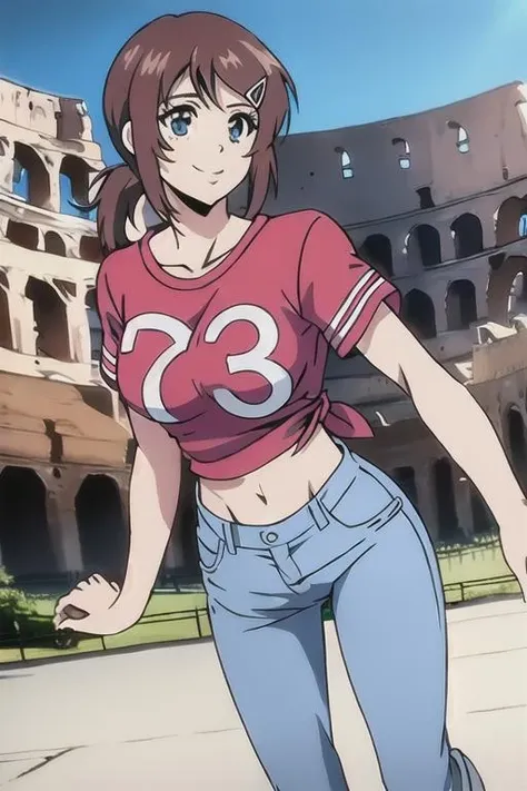 masterpiece,best quality,ultra-detailed,(detailed background, complex background:1.2),(perfect face, detailed face),1girl,solo,Brown hair,blue eyes,breasts,short hair,bangs,large breasts,hair ornament,collarbone,short ponytail,hairclip,red shirt,navel,collarbone,short sleeves,hairclip,midriff,pants,denim,t-shirt,clothes writing,jeans,tied shirt,cropped shirt,capri pants,pants rolled up,<lora:Megumi_Saitov5:0.9>,(colosseum :1.2),(Leaping with one leg extended :1),(Smile),