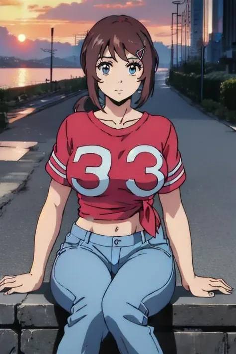masterpiece,best quality,ultra-detailed,(detailed background, complex background:1.2),(perfect face, detailed face),1girl,solo,Brown hair,blue eyes,breasts,short hair,bangs,large breasts,hair ornament,collarbone,short ponytail,hairclip,red shirt,navel,collarbone,short sleeves,hairclip,midriff,pants,denim,t-shirt,clothes writing,jeans,tied shirt,cropped shirt,capri pants,pants rolled up,<lora:Megumi_Saitov5:0.9>,(cosmic :1.2), (Posing as if surprised by an imaginary friend :1), (smile face)