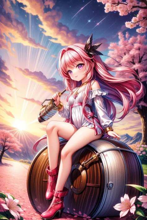 1girl, colorful Digital painting, intricate details, Fashion shot of a Plain Spellbinding beefy European (Female Farrier:1.3) , the Farrier has Welcoming hair, Refined Calanque de Morgiou in background, dense flower field and flowers, at Sunset, tilt shift, (by Marc Lagrange:1.0) , Awe, Surrealism Art, Starlight, pinhole lens, cherry blossom pink neon hue, cinematic, sfumato, matte skin, intricate detailed face, dslr, Highres