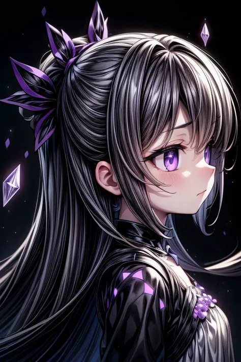 (greyscale:1.1), (black and purple theme:1.3), best quality,Epic,highly detail,Illustration,Cover,enigmatic figure,draped in translucent fabric,crystals adorning hair,dreamlike swirl,pastel hues,soft light,evoking calm serenity and elusive beauty,Non-representational,colors and shapes,expression of feelings,imaginative,highly detailed, +_+, purple_eyes, from_side