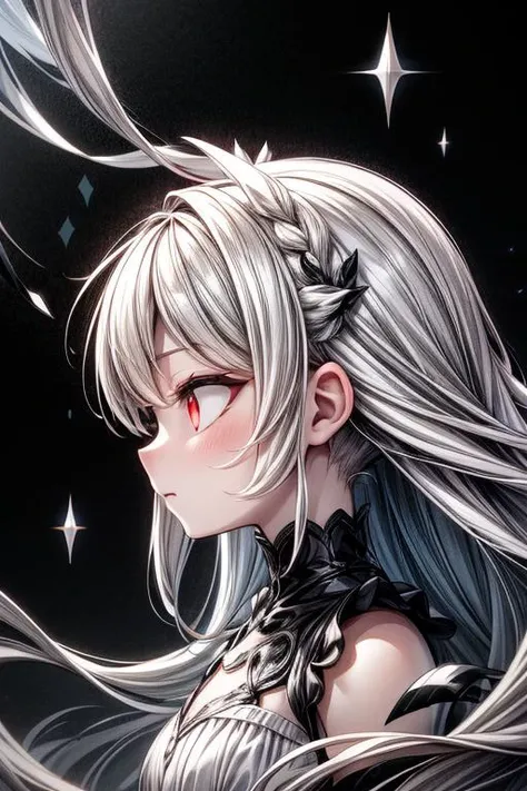 greyscale, (black theme:1.3), best quality,Epic,highly detail,Illustration,Cover,enigmatic figure,draped in translucent fabric,crystals adorning hair,dreamlike swirl,pastel hues,soft light,evoking calm serenity and elusive beauty,Non-representational,colors and shapes,expression of feelings,imaginative,highly detailed, +_+, red_eyes, from_side