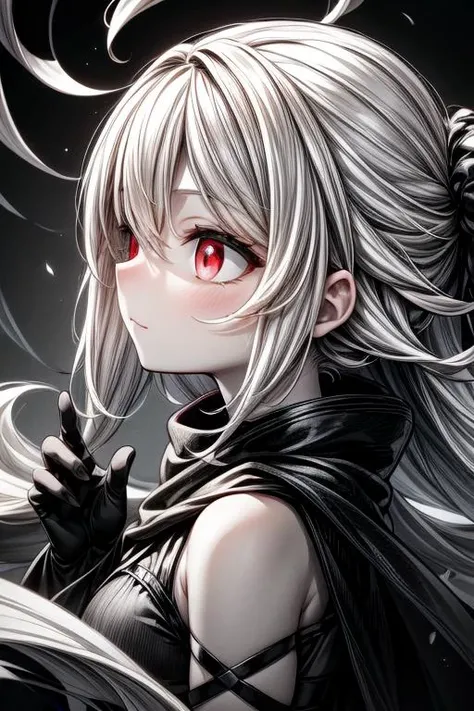 greyscale, (black theme:1.3), best quality,Epic,highly detail,Illustration,Cover,enigmatic figure,draped in translucent fabric,crystals adorning hair,dreamlike swirl,pastel hues,soft light,evoking calm serenity and elusive beauty,Non-representational,colors and shapes,expression of feelings,imaginative,highly detailed, +_+, red_eyes, from_side