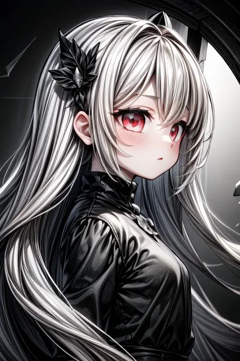 greyscale, (black theme:1.3), best quality,Epic,highly detail,Illustration,Cover,enigmatic figure,draped in translucent fabric,crystals adorning hair,dreamlike swirl,pastel hues,soft light,evoking calm serenity and elusive beauty,Non-representational,colors and shapes,expression of feelings,imaginative,highly detailed, +_+, red_eyes, from_side