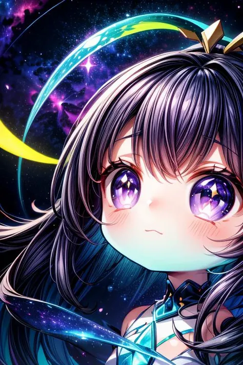 EarthKawaii,(blue and purple theme, nebula, galaxy:1.3), vibrant universe,colors beyond reality,pulsating backdrop,sparkling magic,adventure,joy,curiosity,kaleidoscope patterns,multicolored hair,shimmering strands,wide eyes,surrealism,whimsy,fantastical elements,serene contemplation,fluorescent greens,fluorescent blues,luminous creatures,dynamic energy,tranquil moment,kaleidoscopic flora and fauna,radiant colors,imaginative composition, Yulia,closed mouth, (close-up:1.1),solo