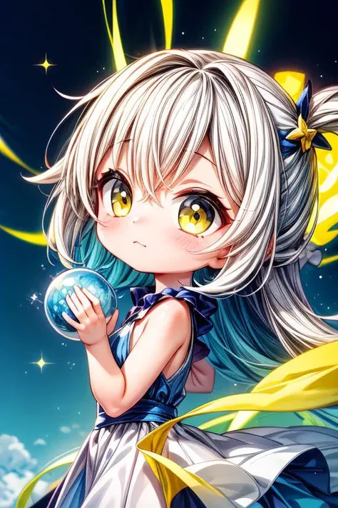 (blue and yellow theme:1.2),MegaKawaii,1girl,solo,cute,kawaii,((Breathtaking)), ((Masterpiece)), ((Magnificent)), ((Unforgettable)), ((Captivating)), ((Striking)), color splash, Vibrant color, Color highlight, Color pop, ethereal lighting, Otherworldly illumination, Magical lighting, Transcendent atmosphere, 50mm, Versatile focal length, Nifty fifty, Natural field of view,closed_mouth,from_side,looking_at_viewer