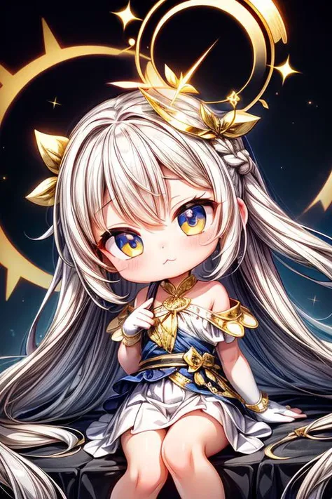 (white and gold theme:1.2),MegaKawaii,EarthKawaii,1girl,solo,(cute,petite,kawaii:1.4),:3,long_hair,french_braid,gold_abyss_eyes,dual_colored_eyes,white_hair,gold_skirt,white_frilled_shirt,white_fingerless_gloves,gold_trim,shoulder_sash,((Detailed)), ((Spectacular)), ((Vibrant)), ((Elegant)), ((Striking)), ((Mind-blowing)), fractal, Fractal art, Complex geometry, Self-similar pattern, ethereal lighting, Magical lighting, Ethereal glow, Transcendent atmosphere, 50mm, Versatile focal length, Standard lens, Nifty fifty,sitting,closed_mouth,looking_at_viewer