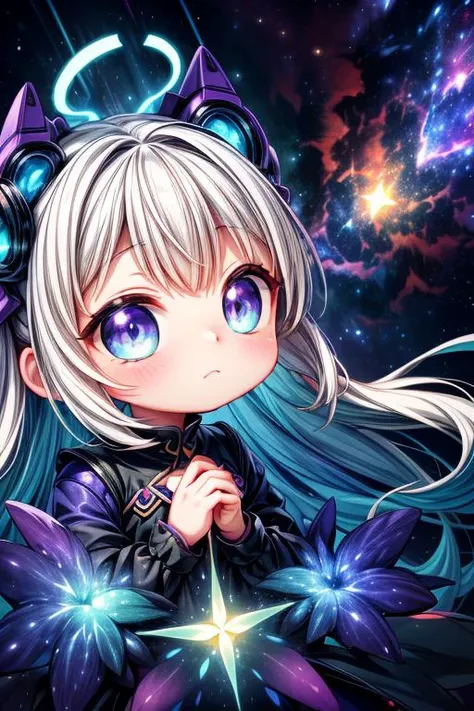 EarthKawaii,(blue and purple theme, nebula, galaxy:1.3), vibrant universe,colors beyond reality,pulsating backdrop,sparkling magic,adventure,joy,curiosity,kaleidoscope patterns,multicolored hair,shimmering strands,wide eyes,surrealism,whimsy,fantastical elements,serene contemplation,fluorescent greens,fluorescent blues,luminous creatures,dynamic energy,tranquil moment,kaleidoscopic flora and fauna,radiant colors,imaginative composition, Yulia,closed mouth, (close-up:1.1),solo