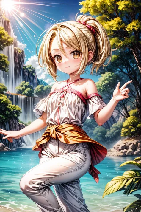 (masterpiece, best quality), female midlife, graceful, sub-saharan african, light brown eyes, tapered chin, , sandy blonde straight haircut hair, envy wearing gaucho pants, one-shoulder top, , leg cross, crossing one leg over the other, evoking a sense of elegance and intrigue, lens flares, dreamy flares adding a whimsical and romantic touch to the visuals, a peaceful lakeside retreat, with serene waters and people enjoying recreational activities