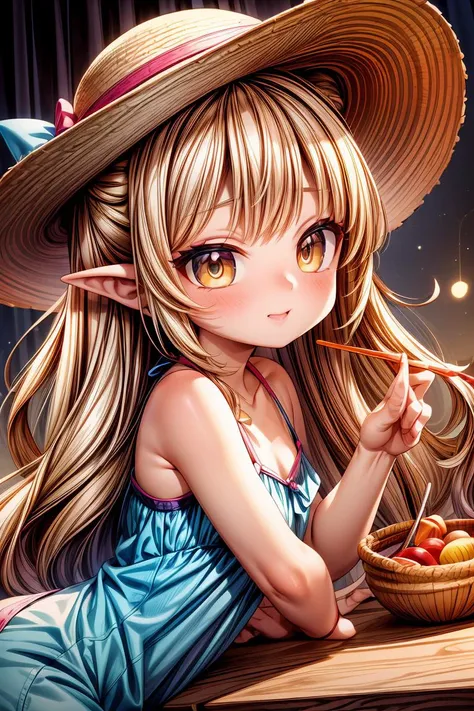 (masterpiece, best quality), female senior, slinky, greek, amber eyes, pointed ears, bulbous nose, round chin with cleft,  dimpled cheeks,   striking birthmarks,  bold and colorful makeup , caramel boho waves hair, admiration wearing shapewear camisole, scoop-neck top,  straw hat,, wearing a hat, wearing a hat with a seductive look, adding a touch of mystery and allure, low-key lighting, dramatic shadows and subtle highlights, adding mystery and sensuality, a community gathering, with people of all ages enjoying games, music, and food