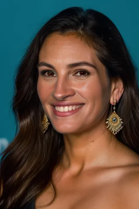 Realistic photo of a beautiful jul14r-v2 woman, 1girl, solo, long hair, looking at viewer, smile, brown hair, brown eyes, jewelry, earrings, teeth, grin, blurry, lips, blurry background, portrait, realistic, nose, soft lighting, professional Photography, Photorealistic, detailed, RAW, analog, sharp focus, 8k, HD, DSLR, high quality, Fujifilm XT3, film grain, award winning, masterpiece<lora:jul14r-v2:1.0>