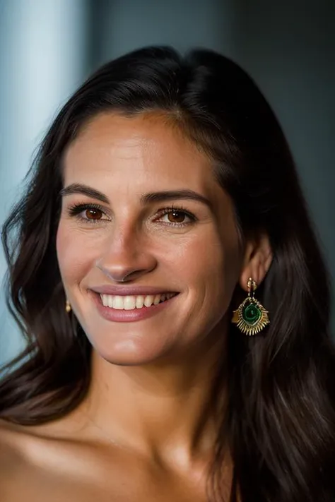 Realistic photo of a beautiful jul14r-v2 woman, 1girl, solo, long hair, looking at viewer, smile, brown hair, brown eyes, jewelry, earrings, teeth, grin, blurry, lips, blurry background, portrait, realistic, nose, soft lighting, professional Photography, Photorealistic, detailed, RAW, analog, sharp focus, 8k, HD, DSLR, high quality, Fujifilm XT3, film grain, award winning, masterpiece<lora:jul14r-v2:1.0>