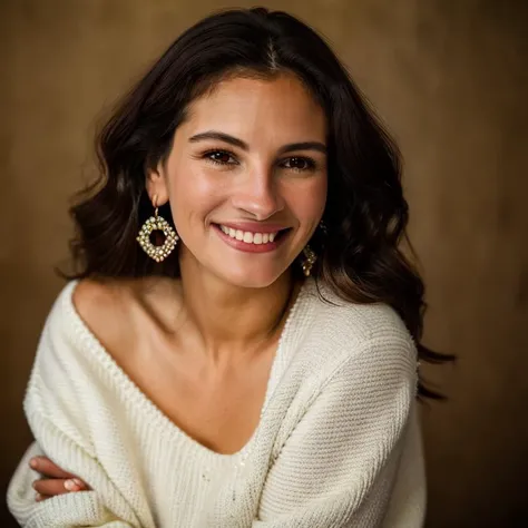 Realistic photo of a beautiful jul14r-v2 woman, 1girl, solo, long hair, looking at viewer, smile, simple background, brown hair, long sleeves, white background, brown eyes, jewelry, upper body, earrings, teeth, grin, sweater, lips, realistic, red sweater, hand on own shoulder, soft lighting, professional Photography, Photorealistic, detailed, RAW, analog, sharp focus, 8k, HD, DSLR, high quality, Fujifilm XT3, film grain, award winning, masterpiece<lora:jul14r-v2:1.0>