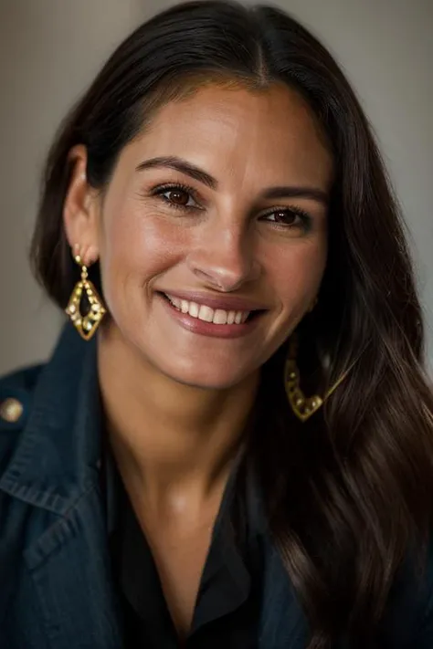 Realistic photo of a beautiful jul14r-v2 woman, 1girl, solo, long hair, looking at viewer, smile, brown hair, brown eyes, jewelry, earrings, teeth, grin, blurry, lips, blurry background, portrait, realistic, nose, soft lighting, professional Photography, Photorealistic, detailed, RAW, analog, sharp focus, 8k, HD, DSLR, high quality, Fujifilm XT3, film grain, award winning, masterpiece<lora:jul14r-v2:1.0>