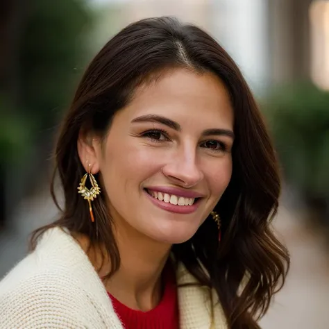 Realistic photo of a beautiful jul14r-v2 woman,  1girl, solo, long hair, looking at viewer, smile, simple background, brown hair, long sleeves, white background, brown eyes, jewelry, upper body, earrings, teeth, grin, sweater, lips, realistic, red sweater, hand on own shoulder, soft lighting, professional Photography, Photorealistic, detailed, RAW, analog, sharp focus, 8k, HD, DSLR, high quality, Fujifilm XT3, film grain, award winning, masterpiece<lora:jul14r-v2:1.0>