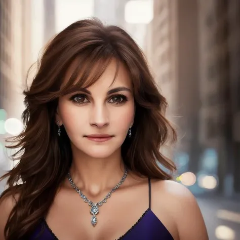 Picture, best quality, a woman in city at night, photo of beautiful JR<lora:JR:1.0>, night dress, brown eyes, jewlery, looking at viewer, perfect face, perfect eyes, sharp focus, Intricate, High Detail, dramatic, photorealistic,