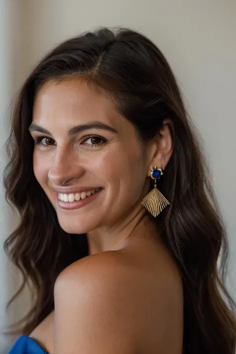 Realistic photo of a beautiful jul14r-v2 woman, 1girl, solo, long hair, looking at viewer, smile, brown hair, brown eyes, jewelry, earrings, teeth, grin, blurry, lips, blurry background, portrait, realistic, nose, soft lighting, professional Photography, Photorealistic, detailed, RAW, analog, sharp focus, 8k, HD, DSLR, high quality, Fujifilm XT3, film grain, award winning, masterpiece<lora:jul14r-v2:1.0>