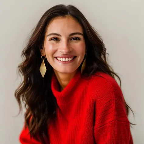 Realistic photo of a beautiful jul14r-v2 woman, 1girl, solo, long hair, looking at viewer, smile, simple background, brown hair, long sleeves, white background, brown eyes, jewelry, upper body, earrings, teeth, grin, sweater, lips, realistic, red sweater, hand on own shoulder, soft lighting, professional Photography, Photorealistic, detailed, RAW, analog, sharp focus, 8k, HD, DSLR, high quality, Fujifilm XT3, film grain, award winning, masterpiece<lora:jul14r-v2:1.0>