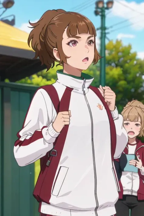 best quality, masterpiece, highres, solo, {saotome_ichina_birdiewinggolfgirlsstory:1.15}, brown_hair, short_hair, ponytail, bangs, open_mouth, brown_eyes, 2girls, blunt_bangs, jacket, multiple_girls, outdoors, track_jacket, blurry, red_jacket, blurry_background, closed_mouth, day, blonde_hair, solo_focus