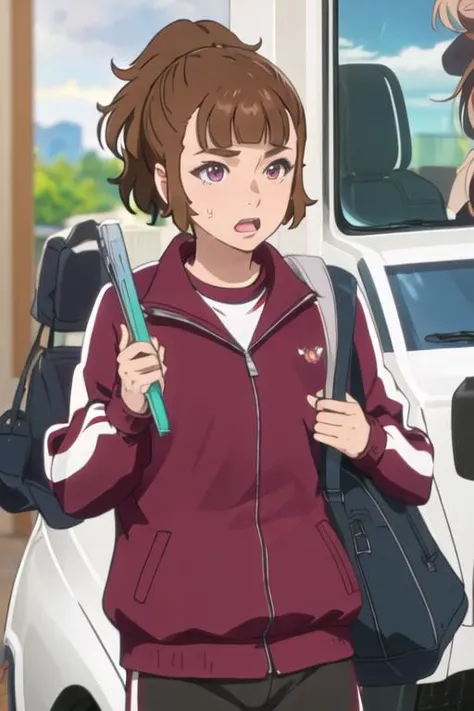 best quality, masterpiece, highres, solo, {saotome_ichina_birdiewinggolfgirlsstory:1.15}, brown_hair, short_hair, ponytail, bangs, open_mouth, brown_eyes, 1girl, day, jacket, sky, track_jacket, track_suit, outdoors, cloud, upper_body, bag, sunlight