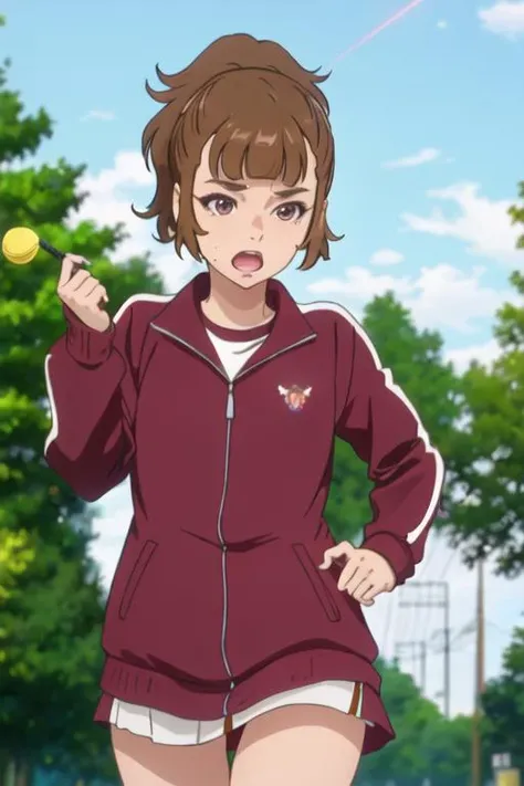 best quality, masterpiece, highres, solo, {saotome_ichina_birdiewinggolfgirlsstory:1.15}, brown_hair, short_hair, ponytail, bangs, open_mouth, brown_eyes