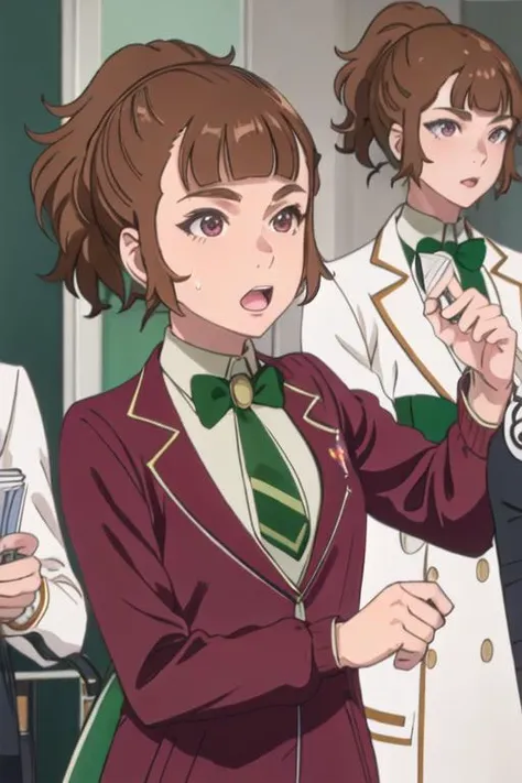 best quality, masterpiece, highres, solo, {saotome_ichina_birdiewinggolfgirlsstory:1.15}, brown_hair, short_hair, ponytail, bangs, open_mouth, brown_eyes, 1girl, bow, bowtie, blunt_bangs, green_bow, upper_body, green_bowtie, necktie