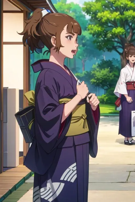 best quality, masterpiece, highres, solo, {yukata:1.40}, {kimono:1.20}, {saotome_ichina_birdiewinggolfgirlsstory:1.15}, brown_hair, short_hair, ponytail, bangs, open_mouth, brown_eyes