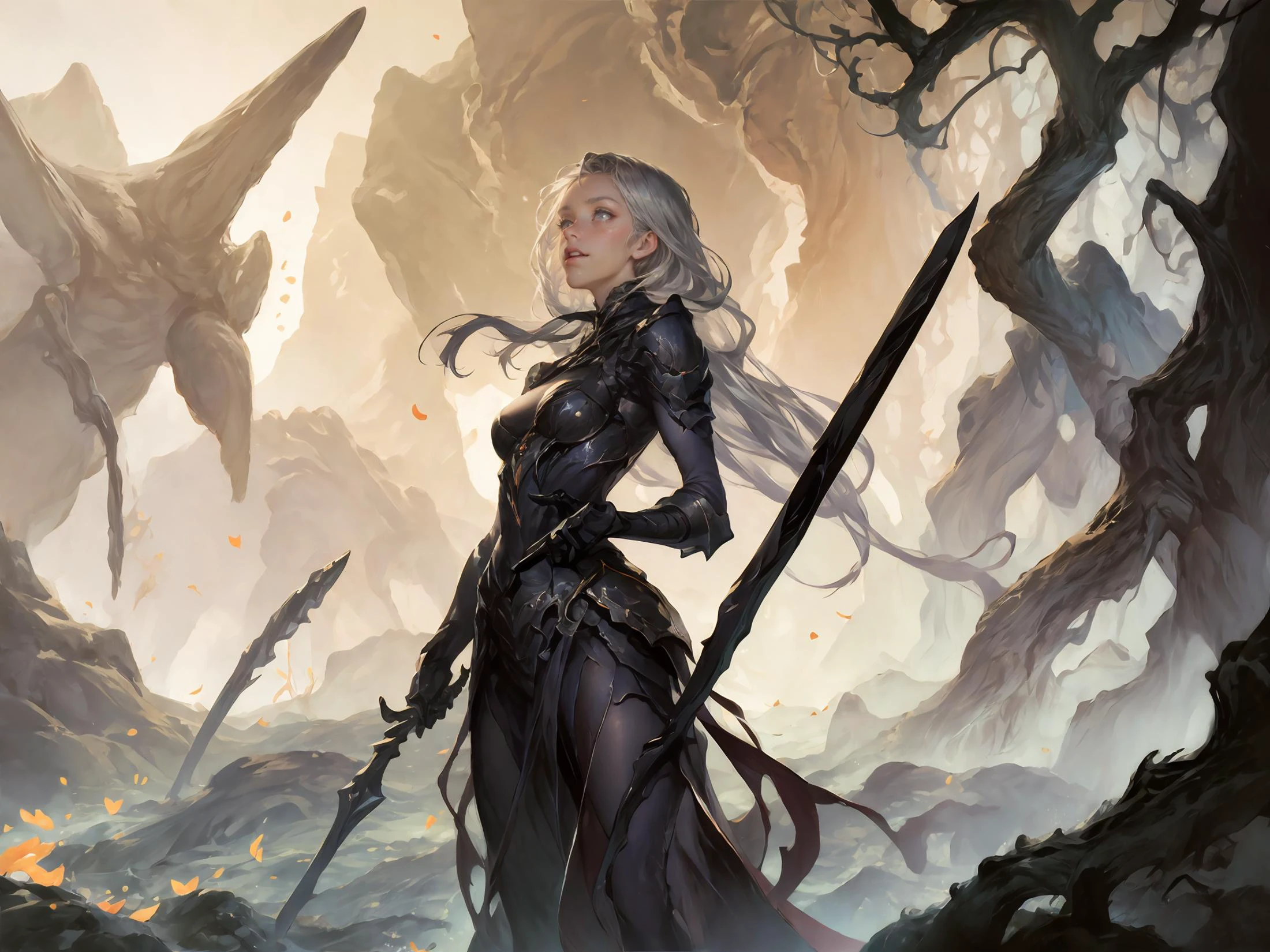 (masterpiece, best quality,top quality),(cowboy_shot:1.1),(lol_style),game cg,petals,1girl,breasts,tree,solo,silver hair,fantasy dress,white,weapon,long_hair,water,holding_weapon,looking_at_viewer,holding,hills,scenery,background,outdoors,top light,Tindal effect,particle effects,illuminatio,dynamic angle,depth of field,impressionist art,real light and shadow,