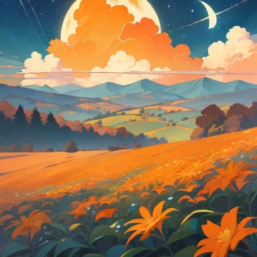 masterpiece, best quality,ares illustration, vibrant and saturated colors,cloud, sky, flower, moon, cloudy sky, scenery, outdoors, star , blue sky, sunset, mountain, field, nature, flower field, orange flower, autumn, day, starry sky