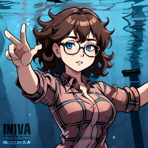 <lora:nevermindcover:1.0> woman, curly brown hair, blue eyes, wearing glasses and (plaid|flannel) shirt, nirvana, swimming, reaching, money, masterpiece, 8k, high resolution, shallow depth of field, sharp focus