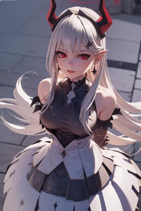 <lora:VRAMsPrincessLexaX07v2:0.5>, 1girl, xyzplexa, crown, (closeup, headshot:1.2), beautiful eyes, red eyes, 3d render style, octane, cycles, solo, choker, horns, from above, earrings, arms behind back, big breasts