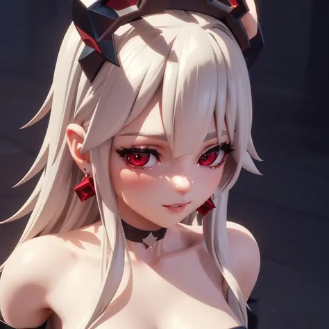 1 girl, xyzplexa, corona, (close up, head shot:1.2), pretty eyes, Red eyes, 3D rendering style, octane, Cycles, Alone, choker,, earrings, huge round naked tits,long fishnet stockings sexy tight dress