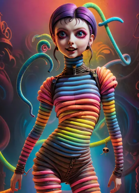 macabre style kawaii style Adorable 3D Character, Ombre color scheme of neon orange, neon pink, neon blue, neon yellow, neon green, (woman:1.1) with (elongated neck:1.3) <lora:Philippe Druillet Style:0.6> Philippe Druillet Style <lora:ral-watrho:0.7> ral-watrho <lora:ip-adapter-faceid-plusv2_sdxl_lora:1> <lora:trip2:0.4> , subsurface scattering, Photorealistic, Hyperrealistic, analog style, realistic, film photography, soft lighting, heavy shadow, 3D render, adorable character, 3D art . cute, adorable, brightly colored, cheerful, anime influence, highly detailed . dark, gothic, grim, haunting, highly detailed