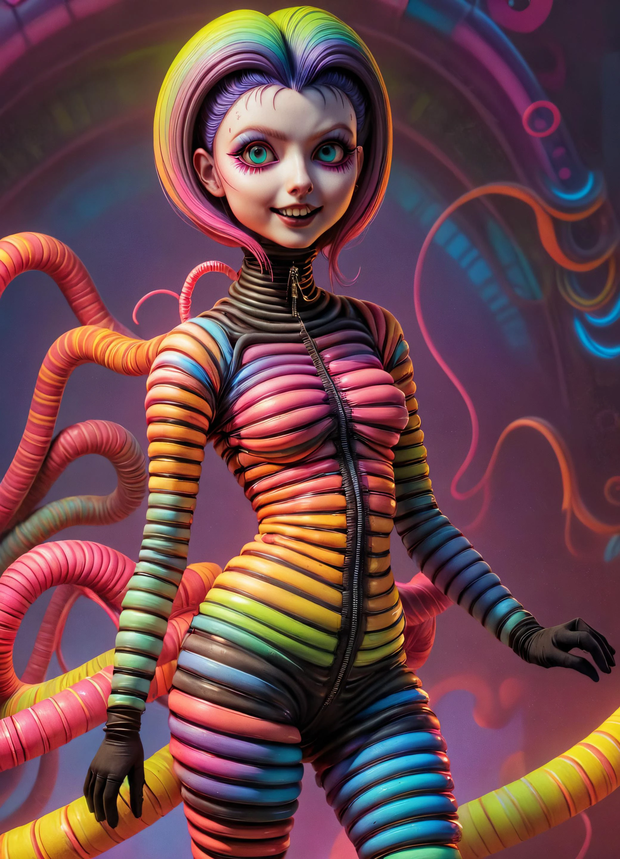 macabre style kawaii style Adorable 3D Character, Ombre color scheme of neon orange, neon pink, neon blue, neon yellow, neon green, (woman:1.1) with (elongated neck:1.3) <lora:Philippe Druillet Style:0.6> Philippe Druillet Style <lora:ral-watrho:0.7> ral-watrho <lora:ip-adapter-faceid-plusv2_sdxl_lora:1> <lora:trip2:0.4> , subsurface scattering, Photorealistic, Hyperrealistic, analog style, realistic, film photography, soft lighting, heavy shadow, 3D render, adorable character, 3D art . cute, adorable, brightly colored, cheerful, anime influence, highly detailed . dark, gothic, grim, haunting, highly detailed