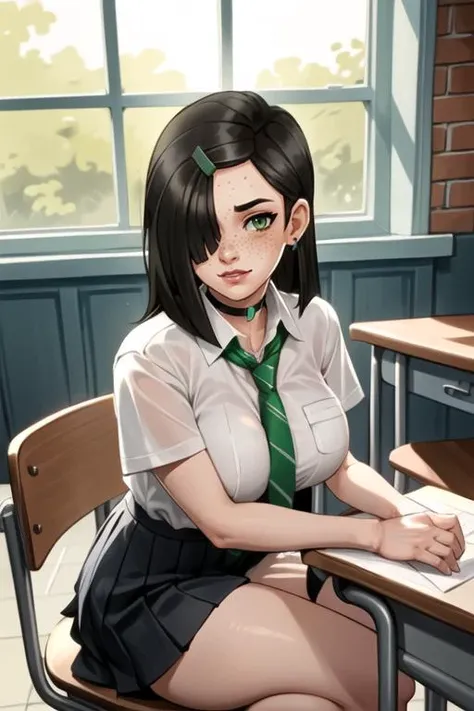 (best quality, ultra detailed), (full-face blush), (detailed background:1.2), (perfect face, detailed face), looking at viewer, (mature female:1.4), ismelda, 1girl, long hair, (solo:1.1), green eyes, black hair, green hairclip, (hair over one eye, thick lips:1.4), waist, narrow waist, (freckles, choker, pleated skirt:1.2), (black miniskirt), school uniform, jewelry, earrings, collared shirt, white shirt, big breasts, (green striped necktie:1.2), sharp focus, sexually suggestive, puckered lips, indoors, school desk, brick wall, window, sitting, (depth of field, thick thighs), <lora:IsmeldaMurk:0.7>>