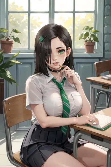 (best quality, ultra detailed), (full-face blush), (detailed background:1.2), (perfect face, detailed face), looking at viewer, (mature female:1.4), ismelda, 1girl, long hair, (solo:1.1), green eyes, black hair, green hairclip, (hair over one eye, thick lips:1.4), waist, narrow waist, (freckles, choker, pleated skirt:1.2), (black miniskirt), school uniform, jewelry, earrings, collared shirt, white shirt, big breasts, (green striped necktie:1.2), sharp focus, sexually suggestive, puckered lips, indoors, school desk, brick wall, window, sitting, (depth of field, thick thighs), <lora:IsmeldaMurk:0.7>>